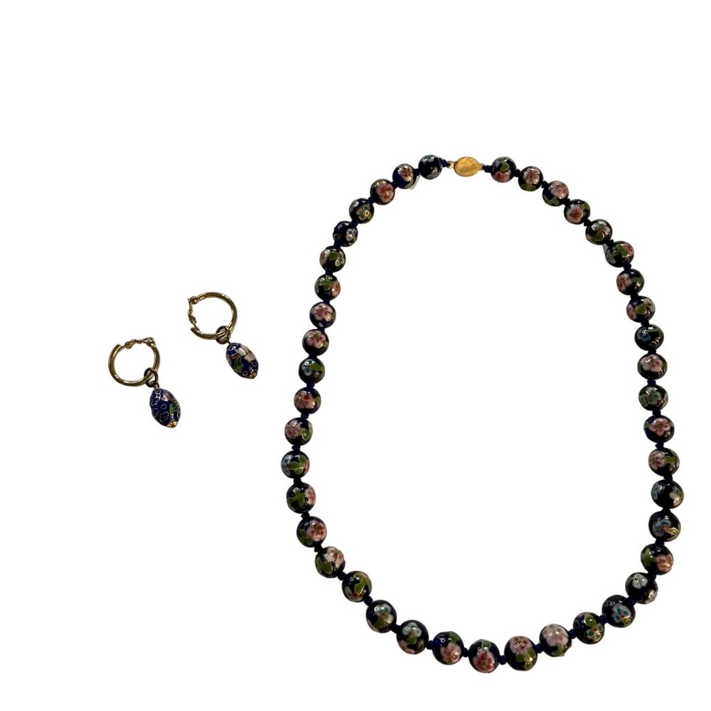 Vintage Chinese Cloisonné Floral Bead Necklace Earrings Set Navy Blue